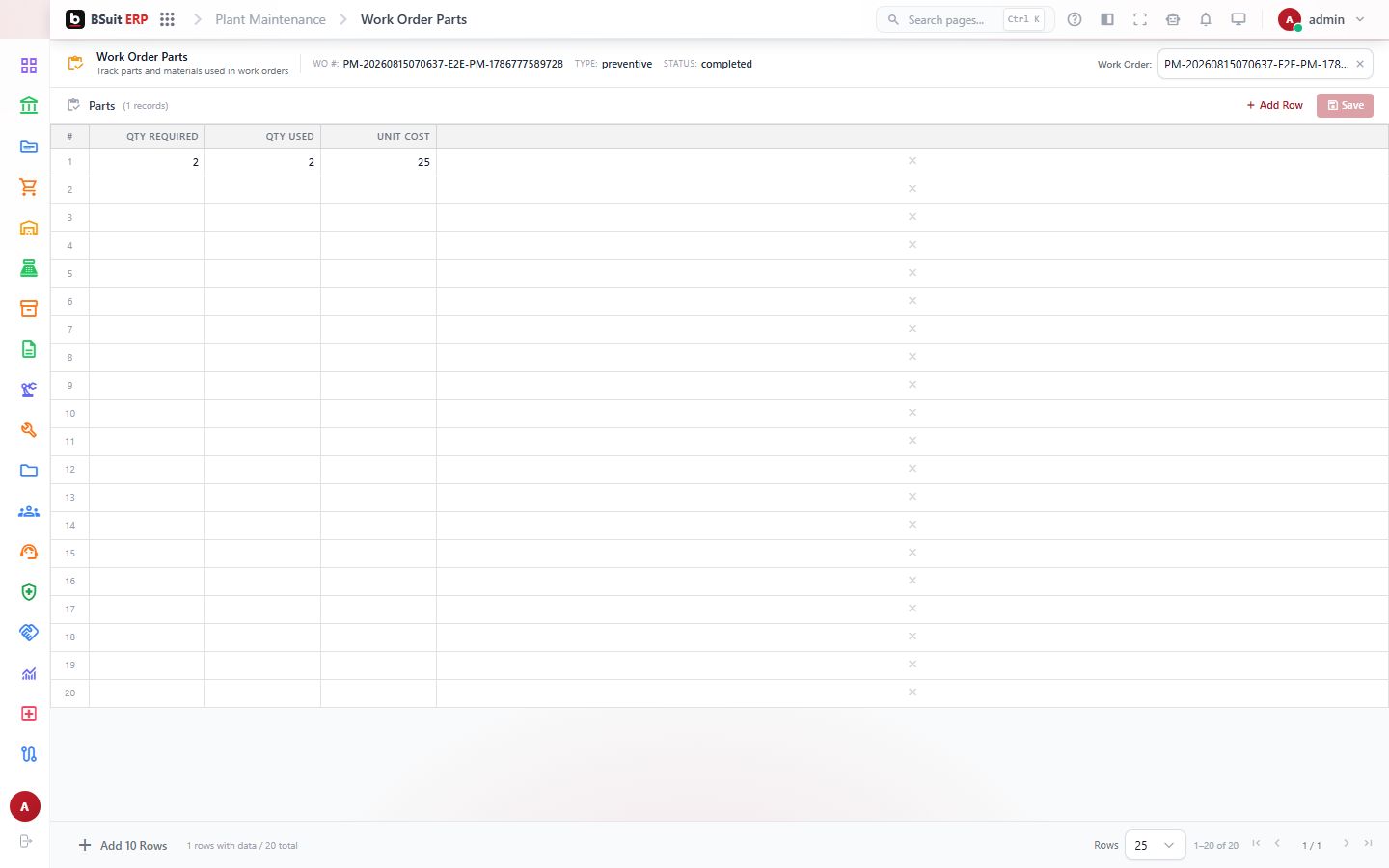 Screenshot of the Work Order Parts page