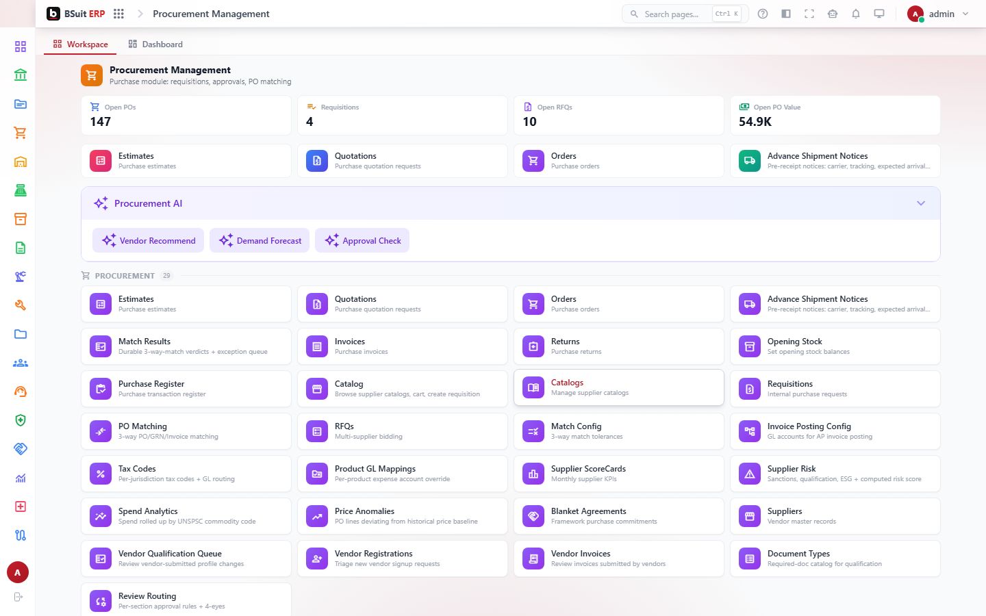 Screenshot of the Procurement Management page