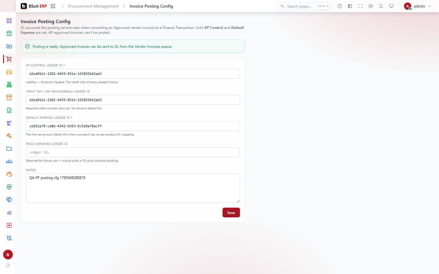 Screenshot of the Invoice Posting Config page