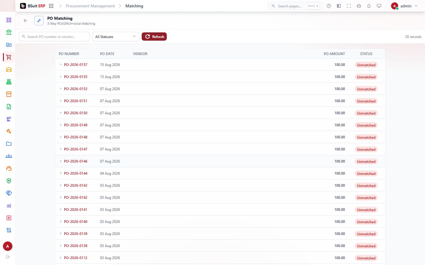 Screenshot of the PO Matching page