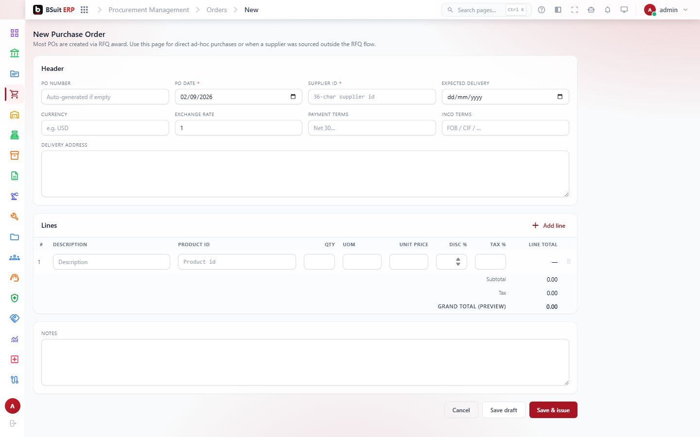 Screenshot of the New Purchase Order page