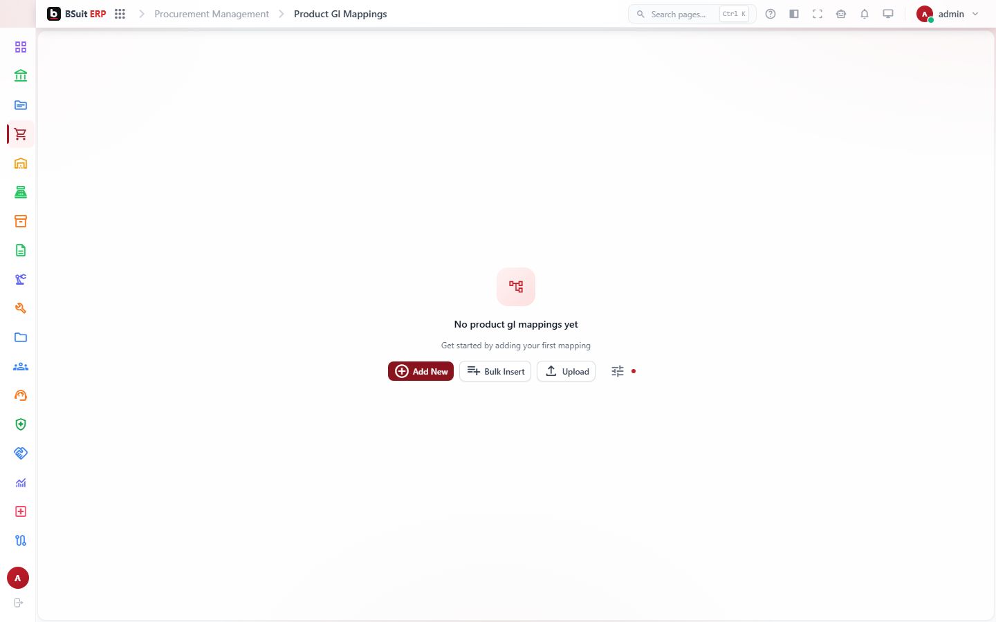 Screenshot of the Product Gl Mappings page