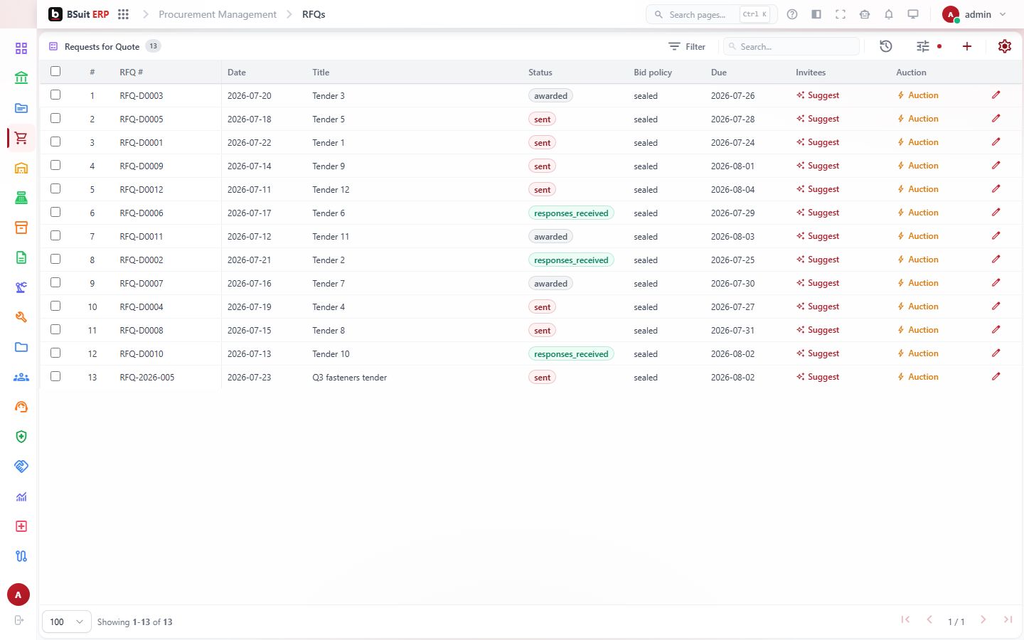 Screenshot of the Rfqs page