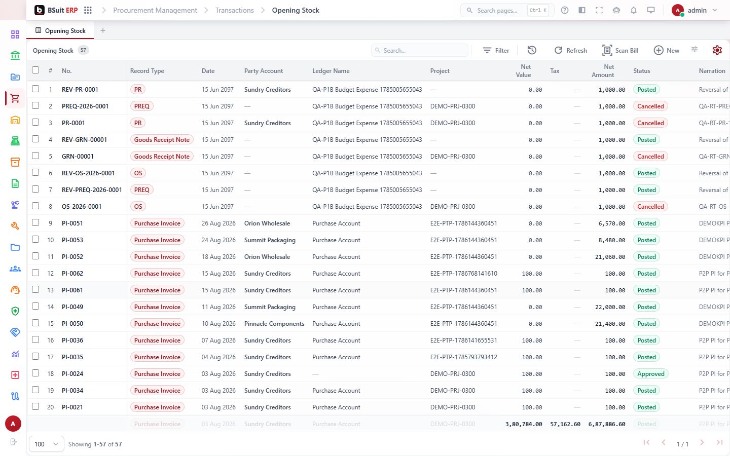Screenshot of the Opening Stock page