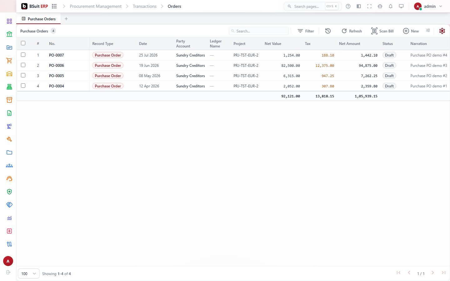 Screenshot of the Purchase Order page