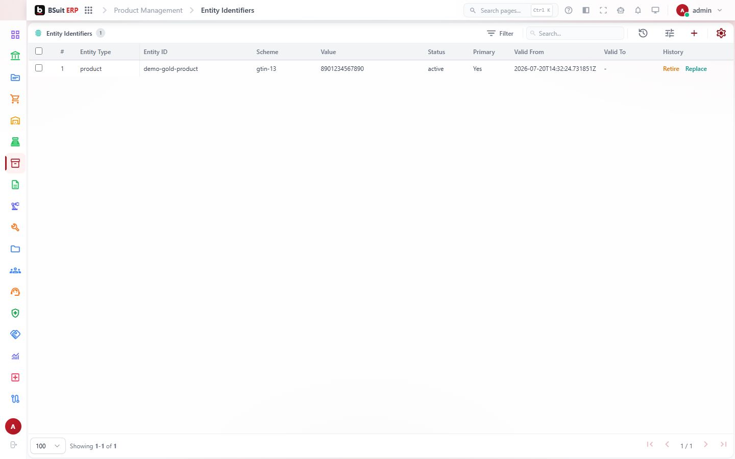 Screenshot of the Entity Identifiers page