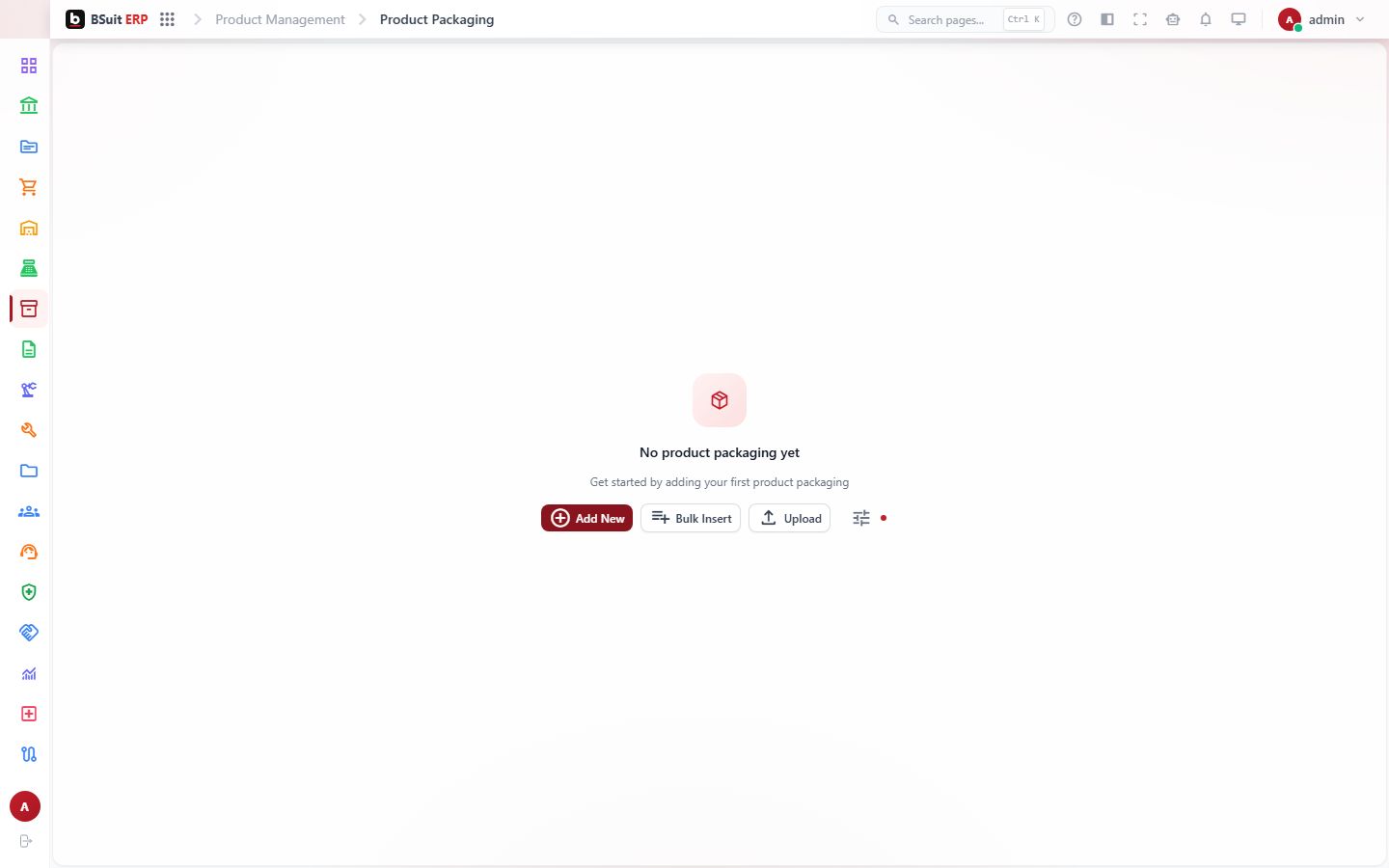 Screenshot of the Product Packagings page