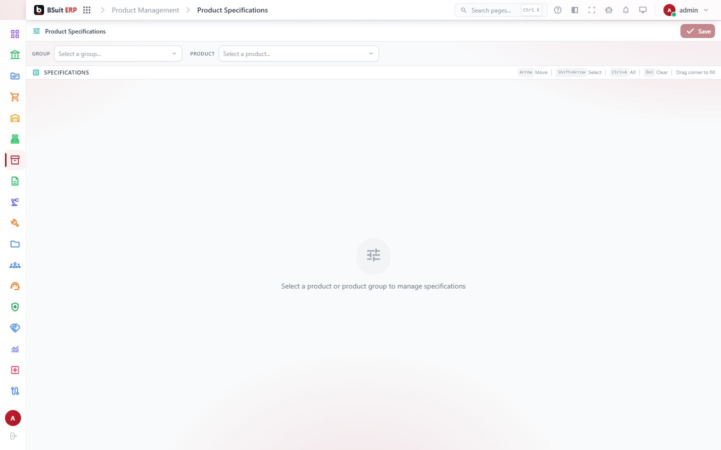 Screenshot of the Product Specifications page
