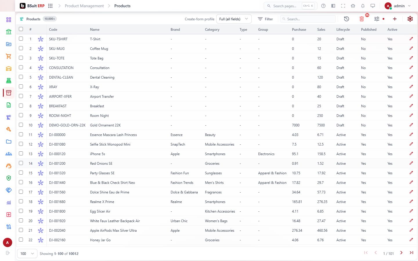 Screenshot of the Products page