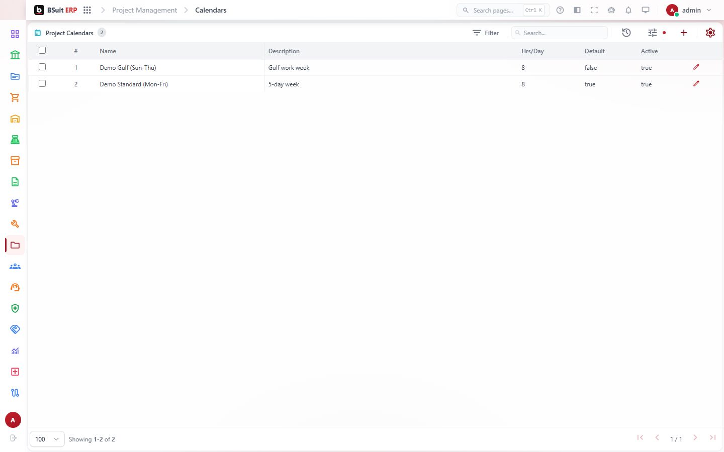 Screenshot of the Calendars page