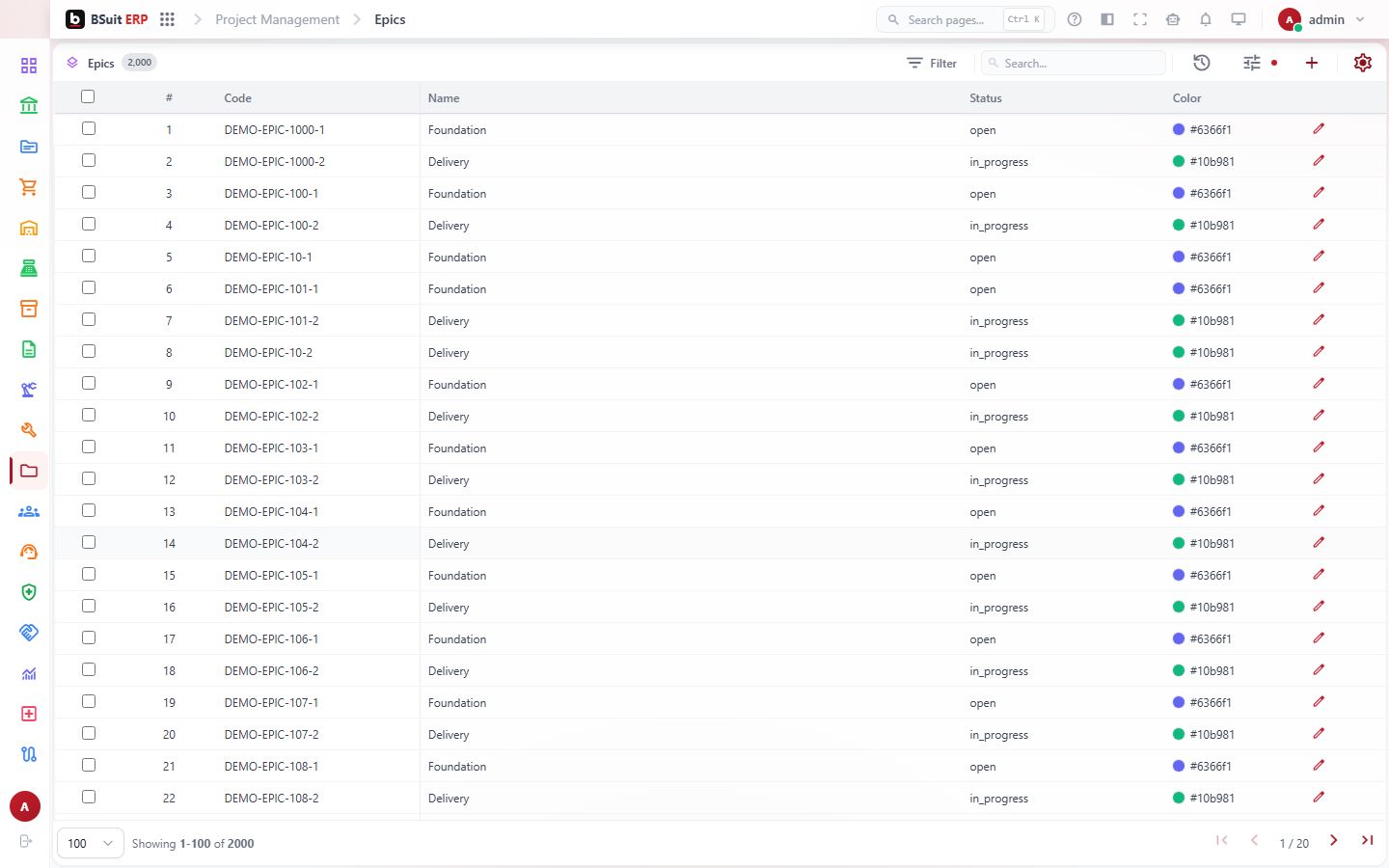 Screenshot of the Epics page