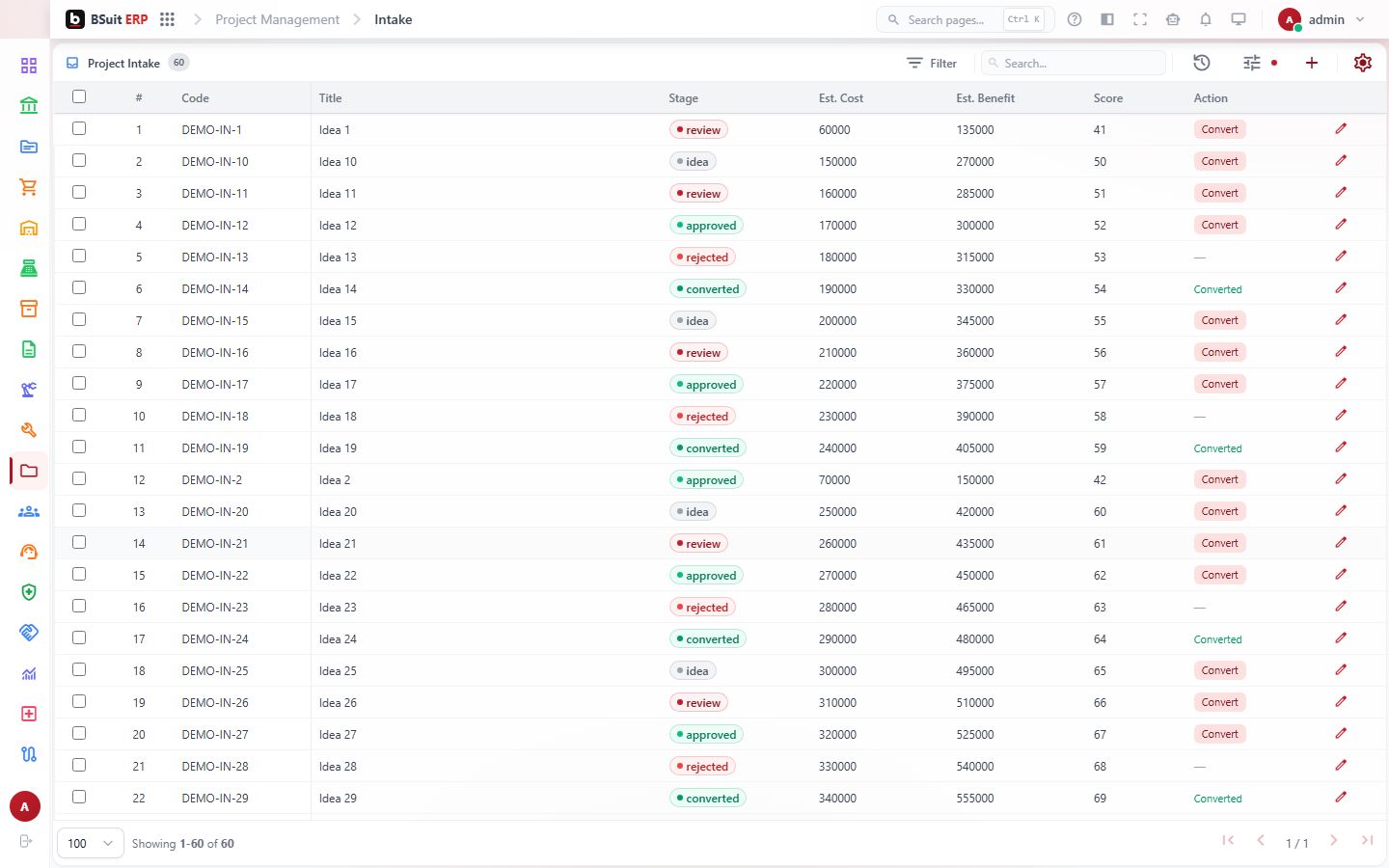 Screenshot of the Intake page