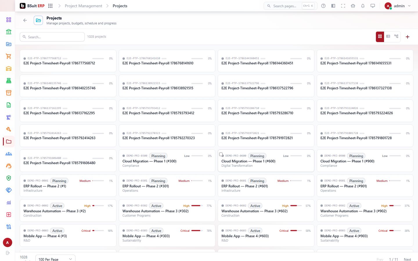 Screenshot of the Projects page