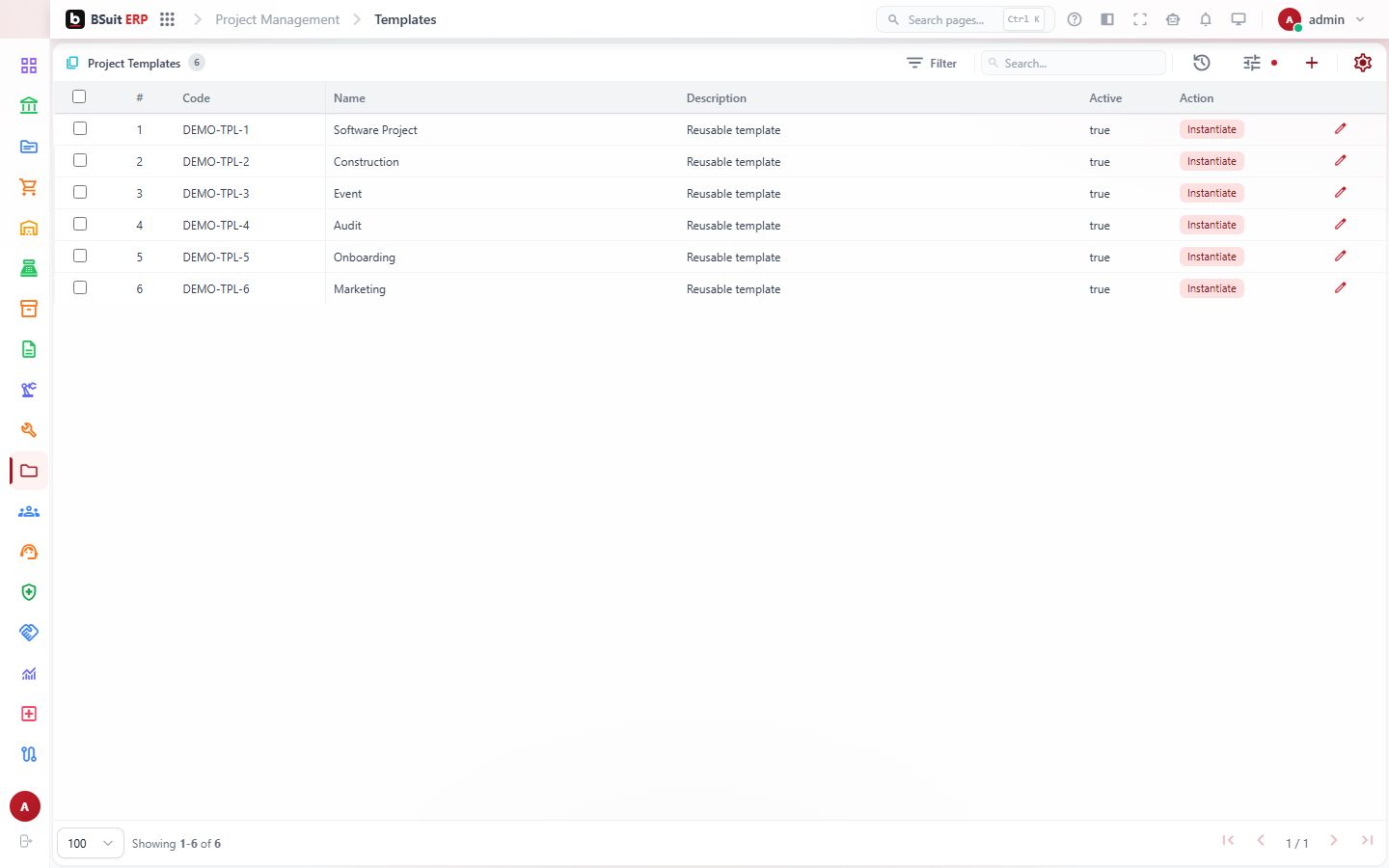 Screenshot of the Templates page