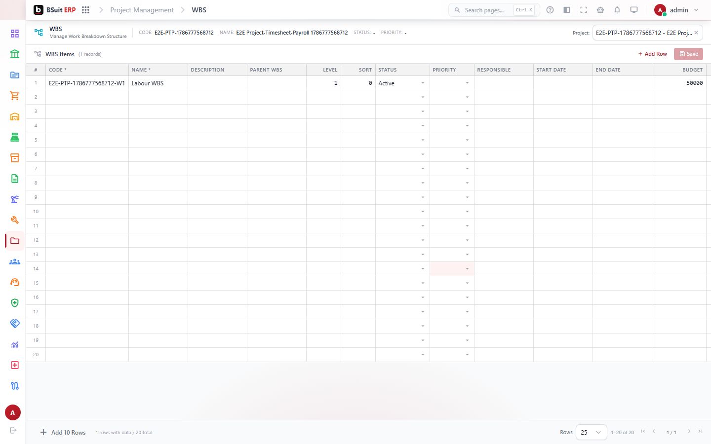 Screenshot of the Wbs page