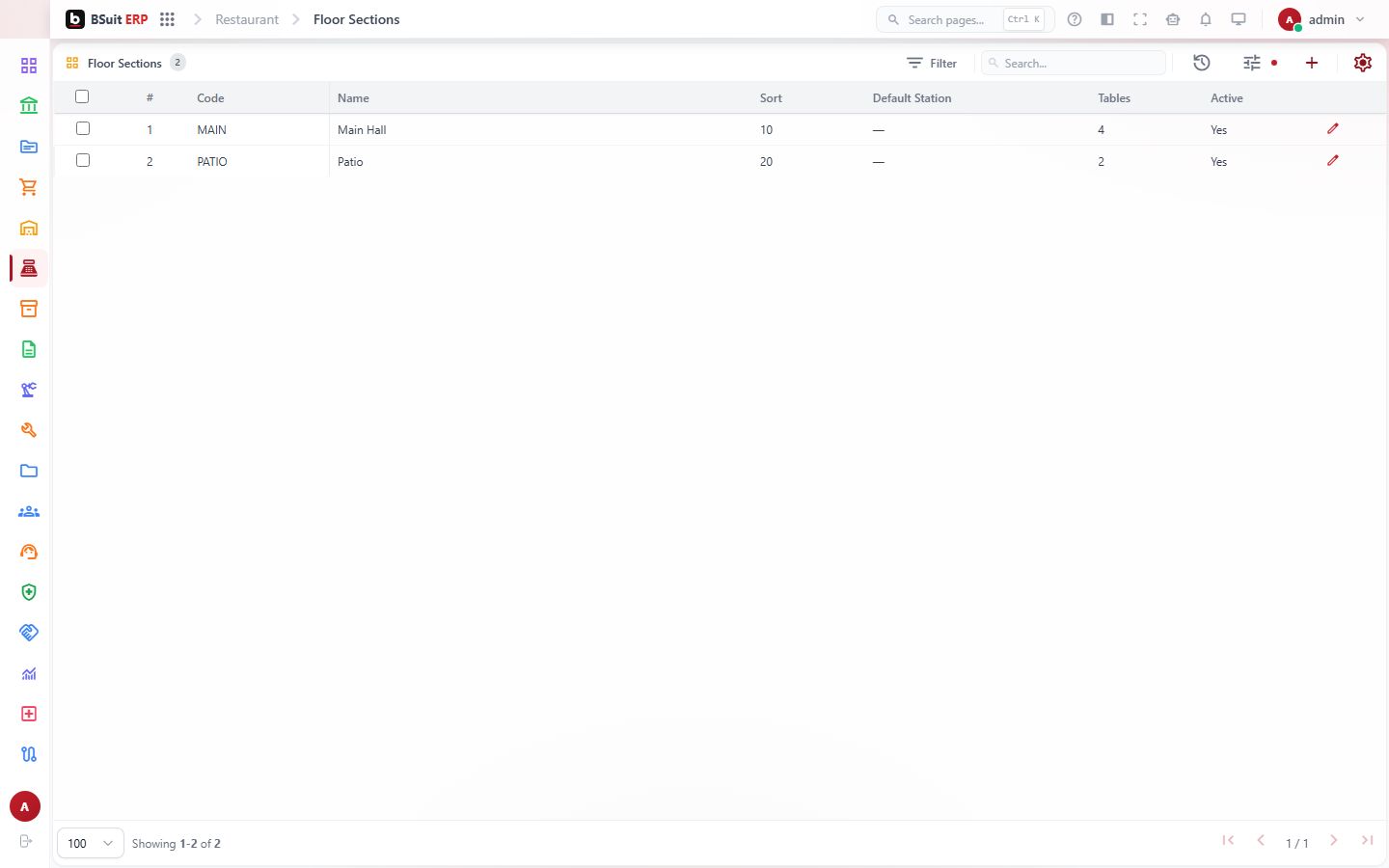 Screenshot of the Floor Sections page