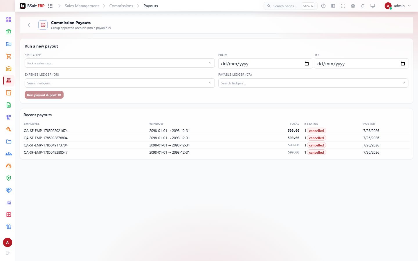 Screenshot of the Commission Payouts page