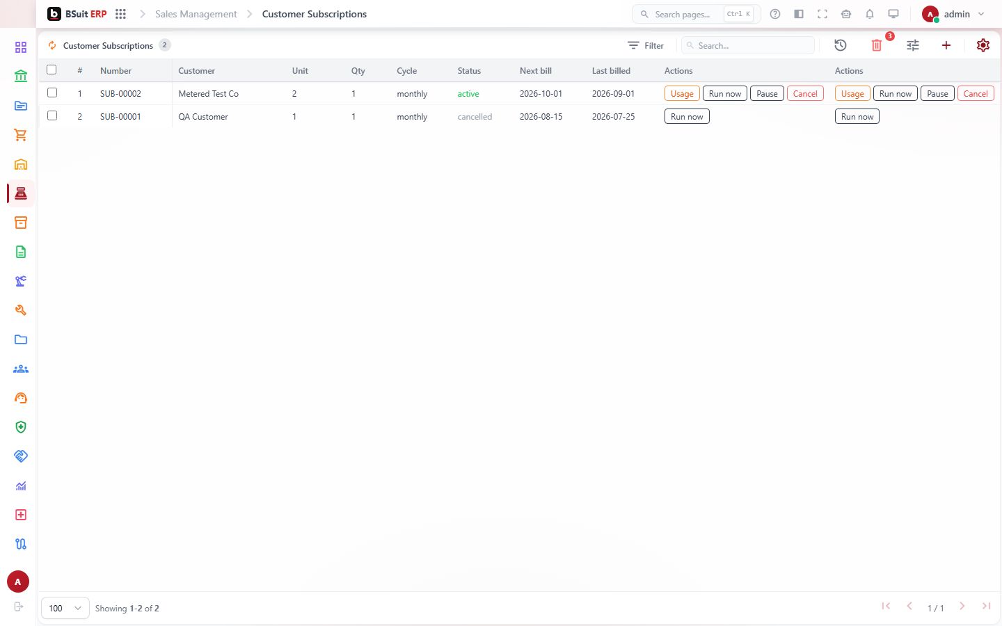 Screenshot of the Customer Subscriptions page
