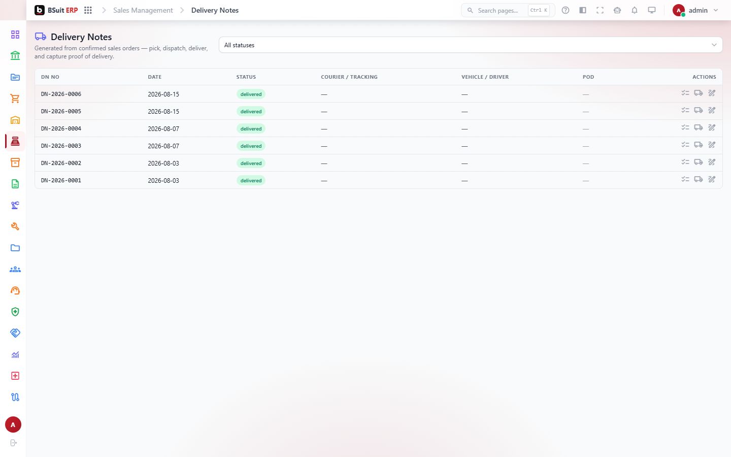 Screenshot of the Delivery Notes page