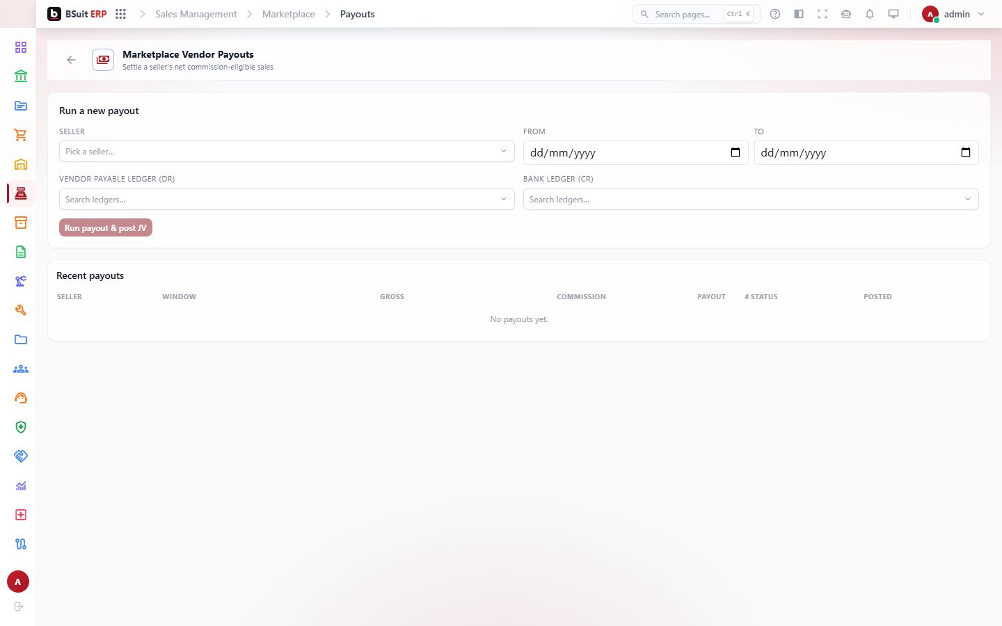 Screenshot of the Marketplace Vendor Payouts page