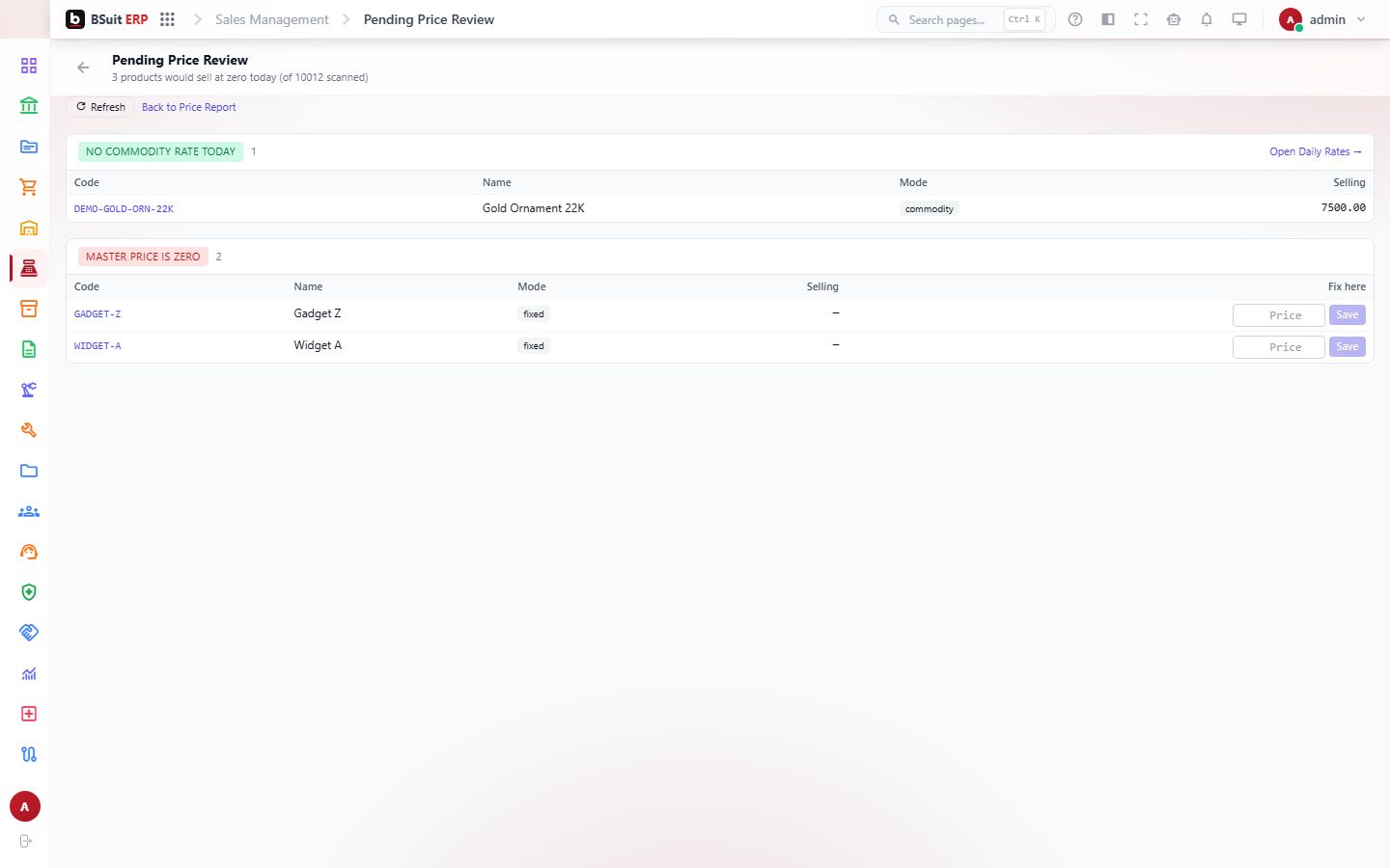Screenshot of the Pending Price Review page
