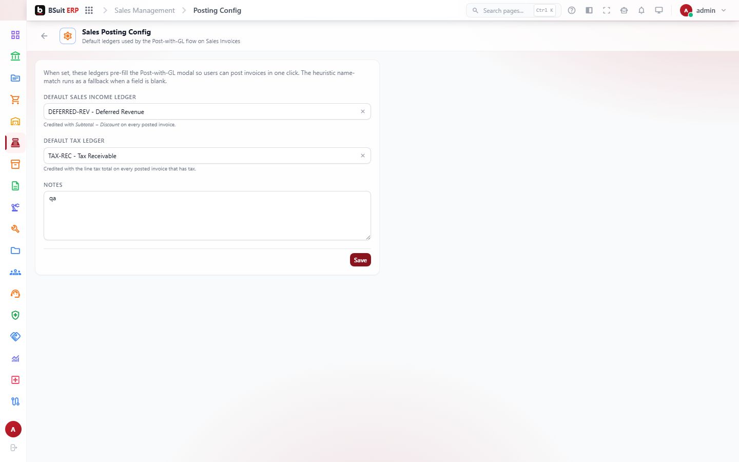 Screenshot of the Sales Posting Config page