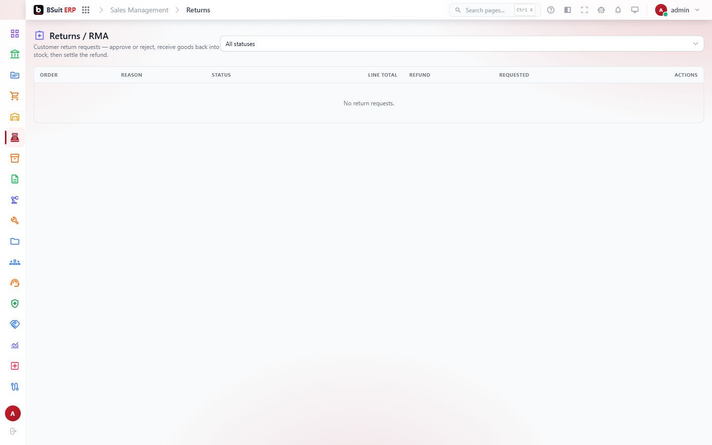 Screenshot of the Returns page