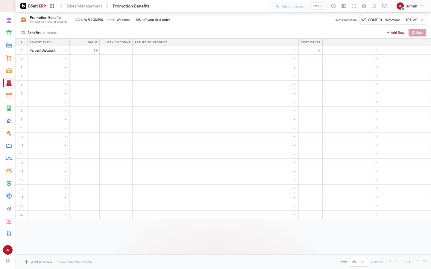 Screenshot of the Sales Promotion Benefits page