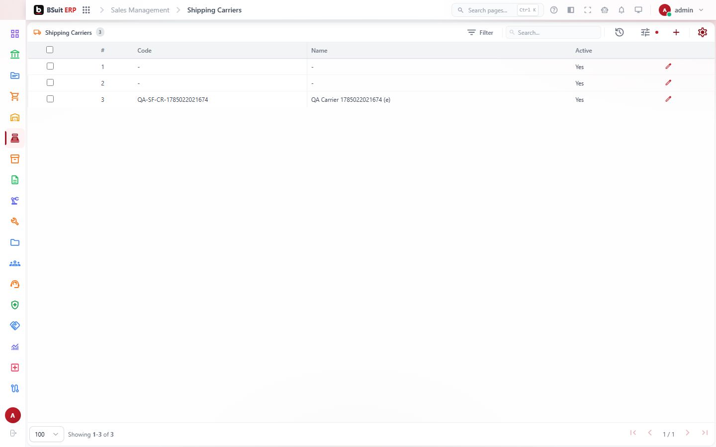 Screenshot of the Shipping Carriers page