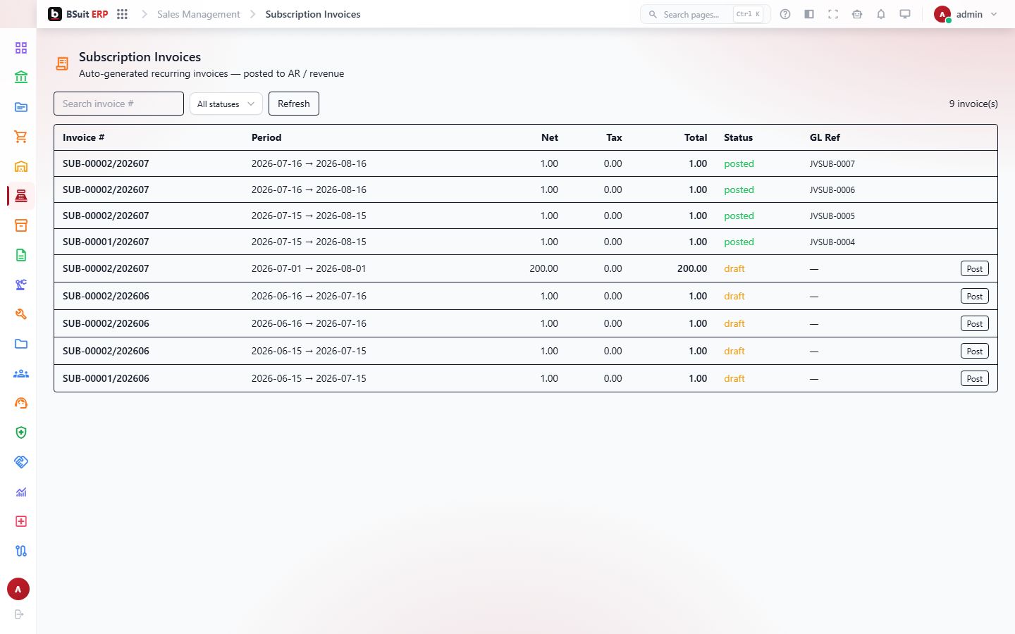 Screenshot of the Subscription Invoices page