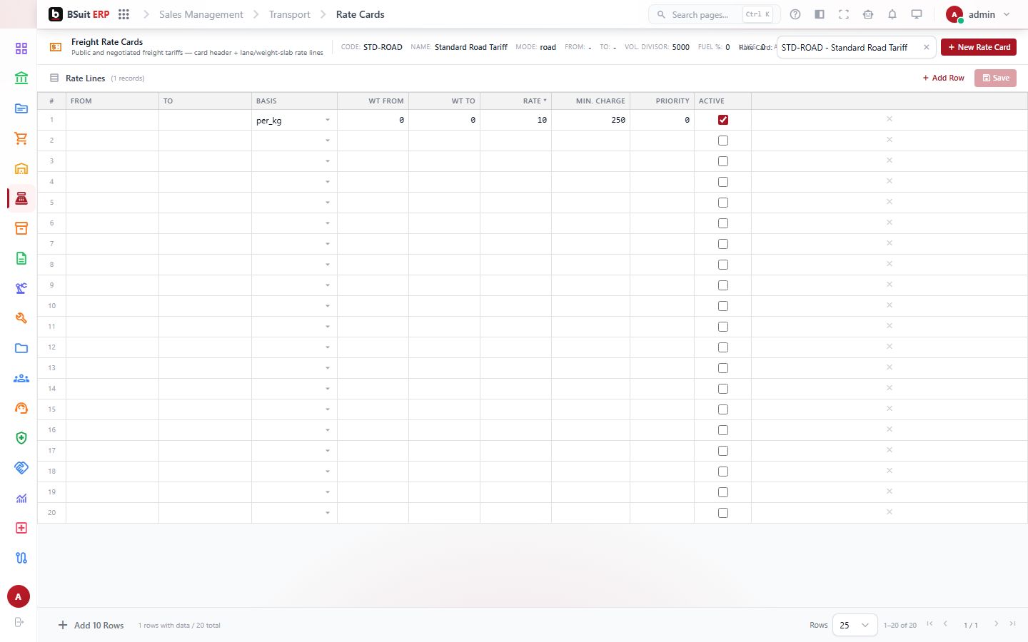 Screenshot of the Rate Cards page