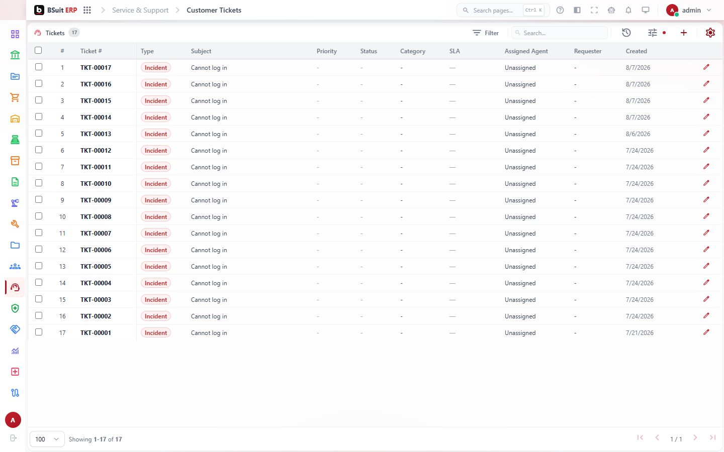 Screenshot of the Customer Tickets page