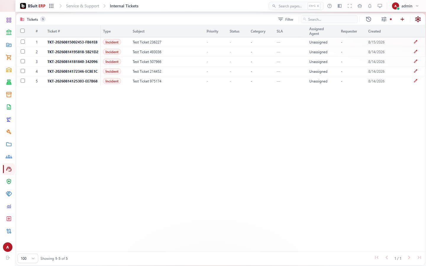 Screenshot of the Internal Tickets page