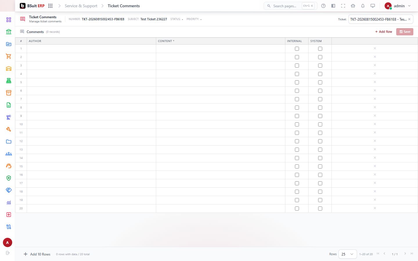 Screenshot of the Ticket Comments page