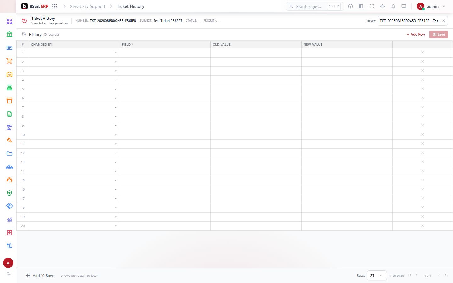 Screenshot of the Ticket History page