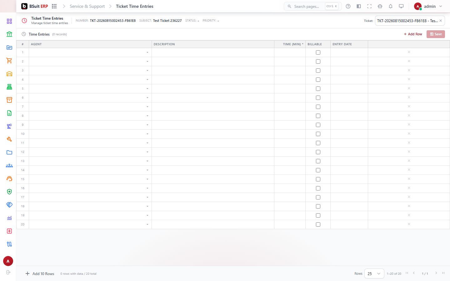 Screenshot of the Ticket Time Entries page