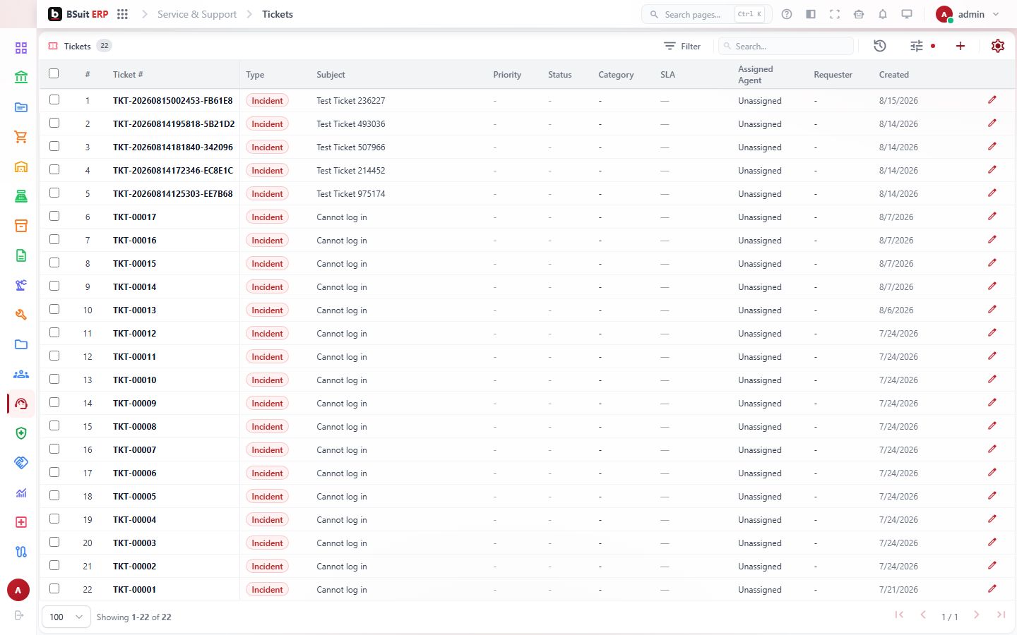 Screenshot of the Tickets page