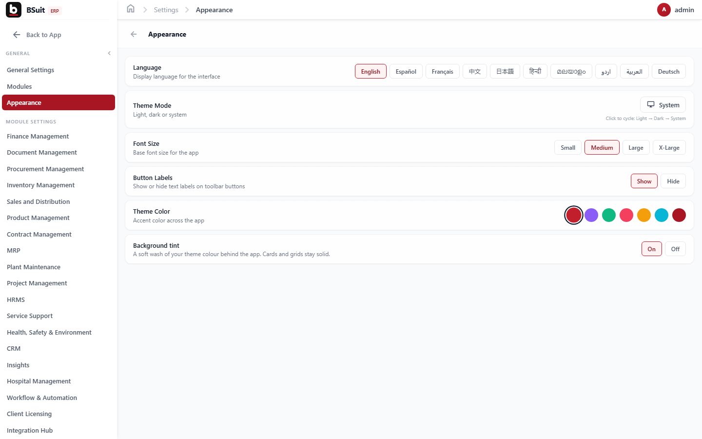 Screenshot of the Appearance page