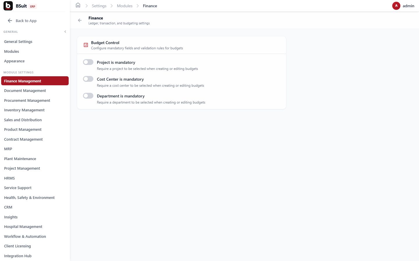 Screenshot of the Finance page
