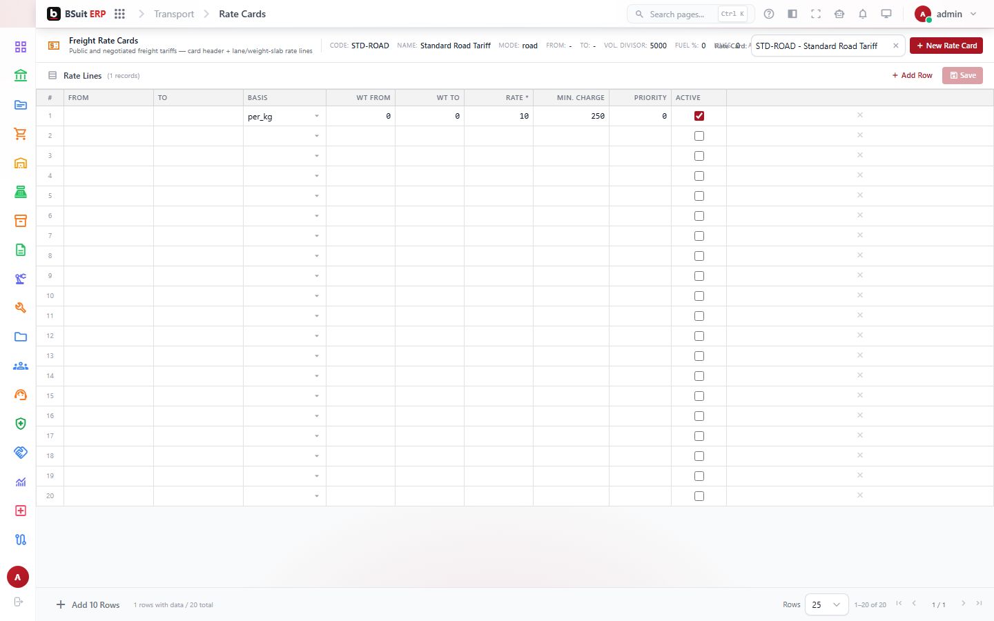 Screenshot of the Rate Cards page