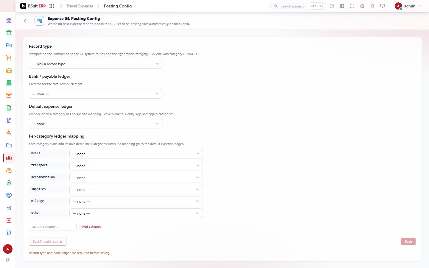 Screenshot of the Expense GL Posting Config page