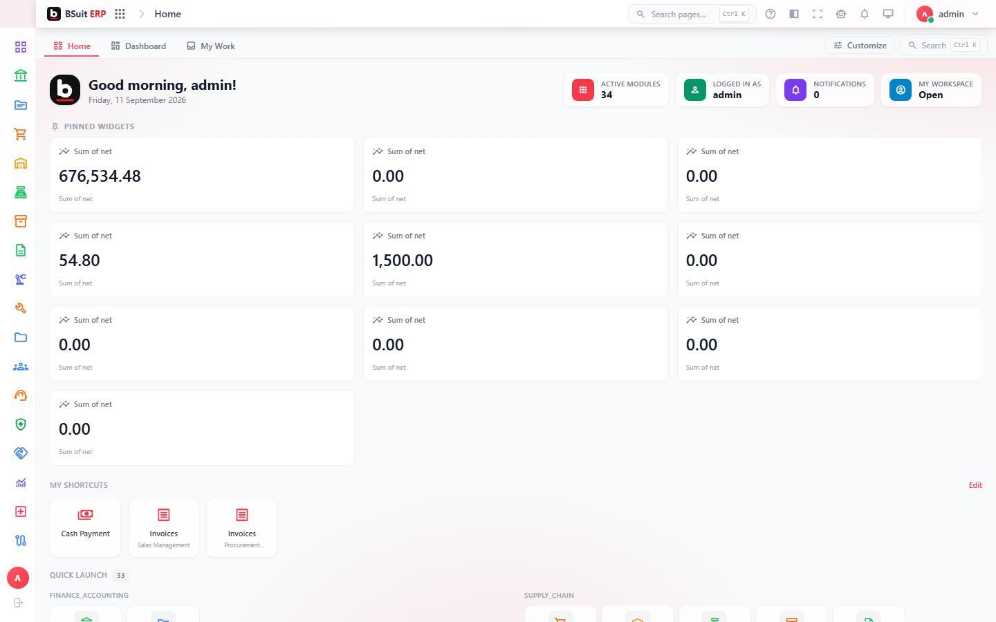 Screenshot of the Welcome to BSuit ERP page