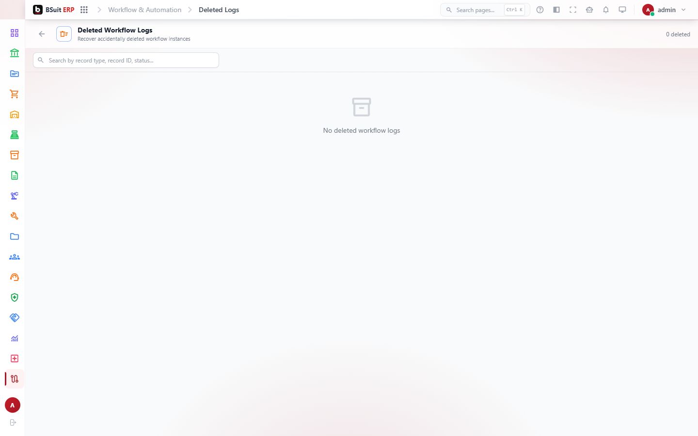 Screenshot of the Deleted Workflow Logs page